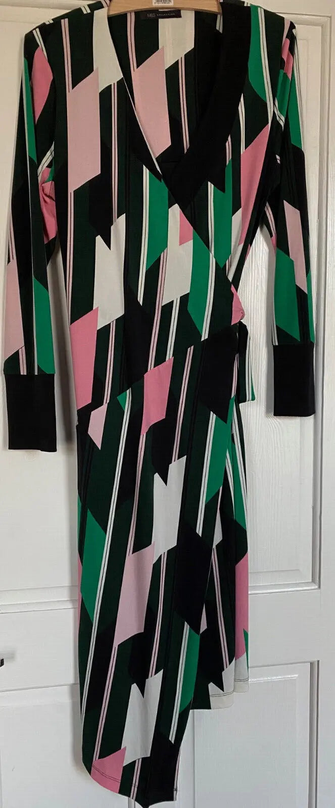 M & S Geometric Pink, Green, Black and White Wrap Dress Size 12 Cherchez La Femme brand