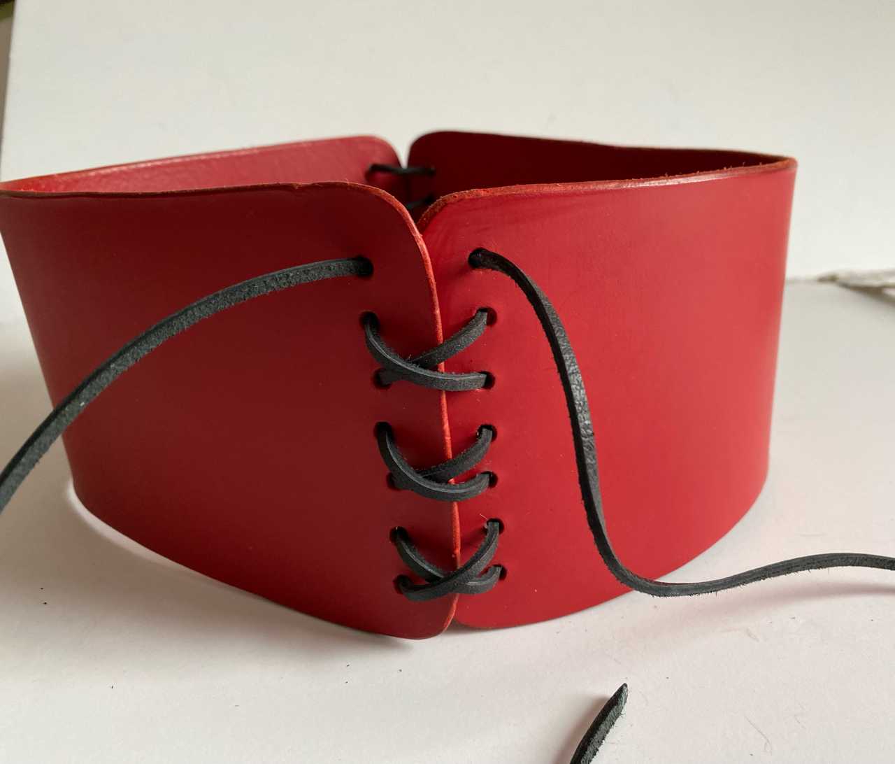 Red vegetable-tan Leather Corset Belt- Handmade by Me Cherchez La Femme brand